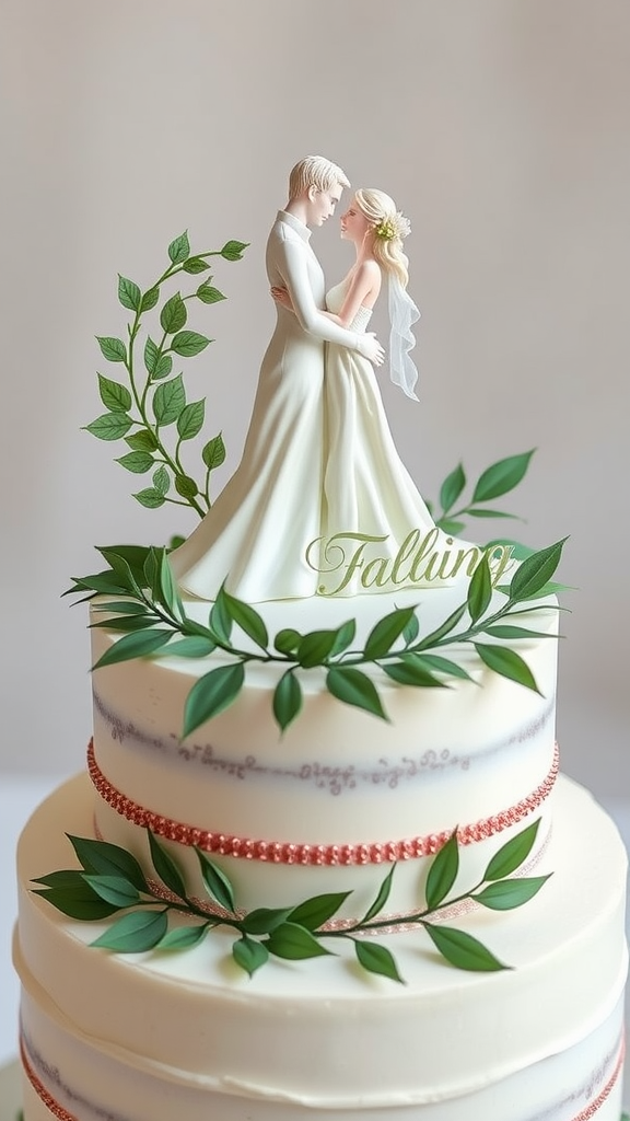 25 Enchanting Sage Green Wedding Ideas to Inspire Your Big Day A wedding cake topper featuring a couple embracing, adorned with sage green leaves.
