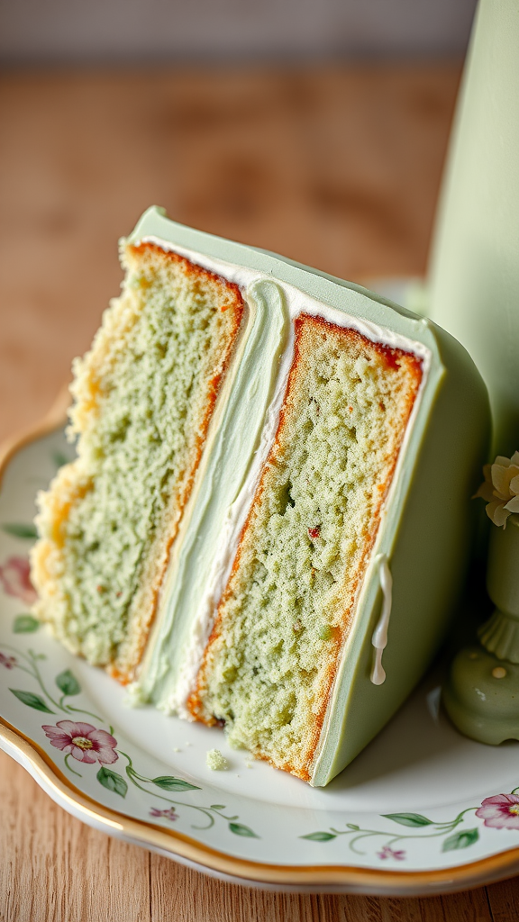A beautifully cut sage green wedding cake on a floral plate, showcasing its fluffy layers and delicious fillings.