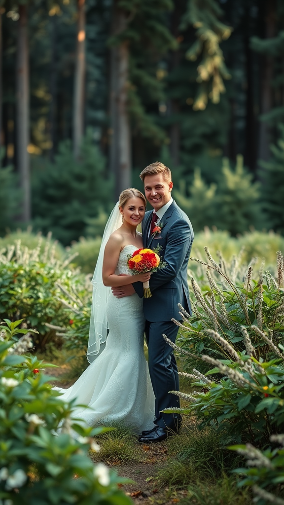 25 Enchanting Sage Green Wedding Ideas to Inspire Your Big Day A happy couple in a lush green forest, the bride in a white gown and the groom in a dark suit, holding a colorful bouquet