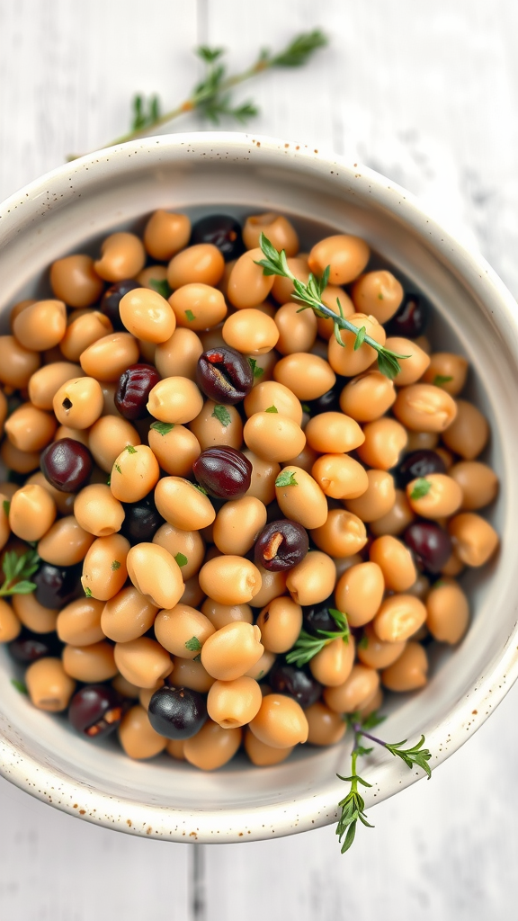 A bowl of cooked black-eyed peas garnished with herbs, symbolizing luck and prosperity. New Year’s Day Recipes
