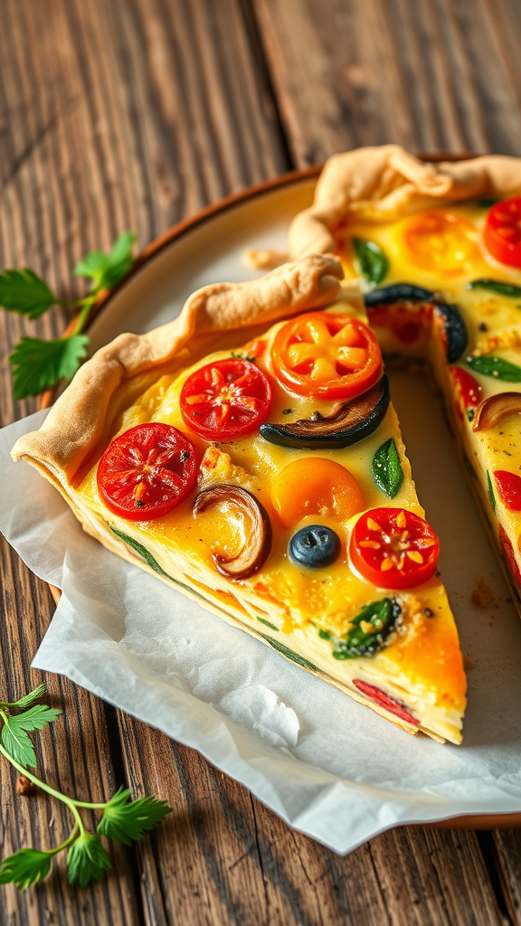 A slice of vibrant quiche topped with tomatoes, olives, and greens on a wooden surface. Valentine Lunch