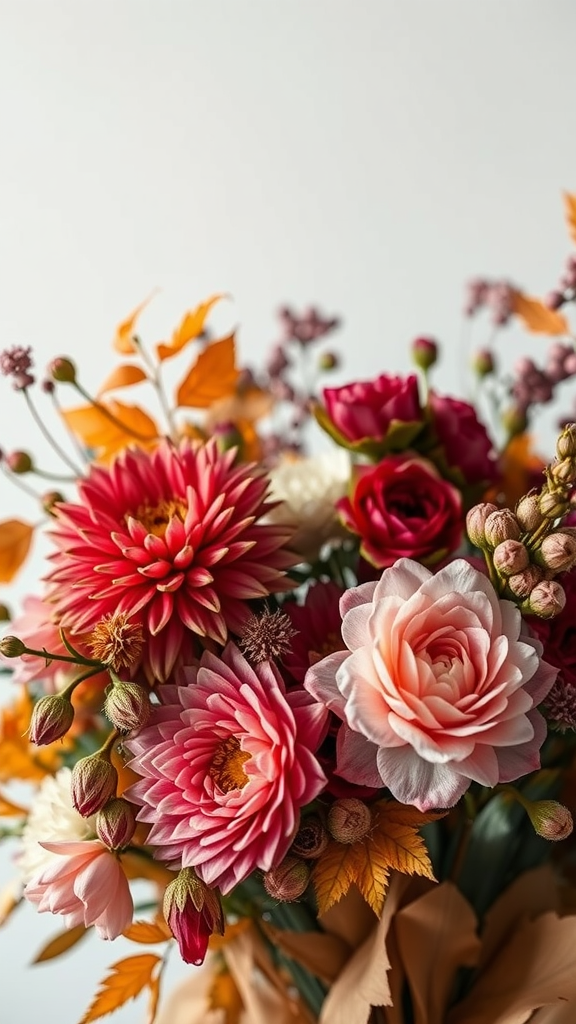 A bouquet featuring warm earth tone flowers including dahlias and roses in rich colors.