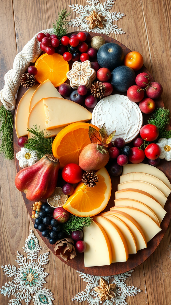 A beautifully arranged seasonal fruit and cheese platter with various cheeses, fresh fruits, and festive decorations