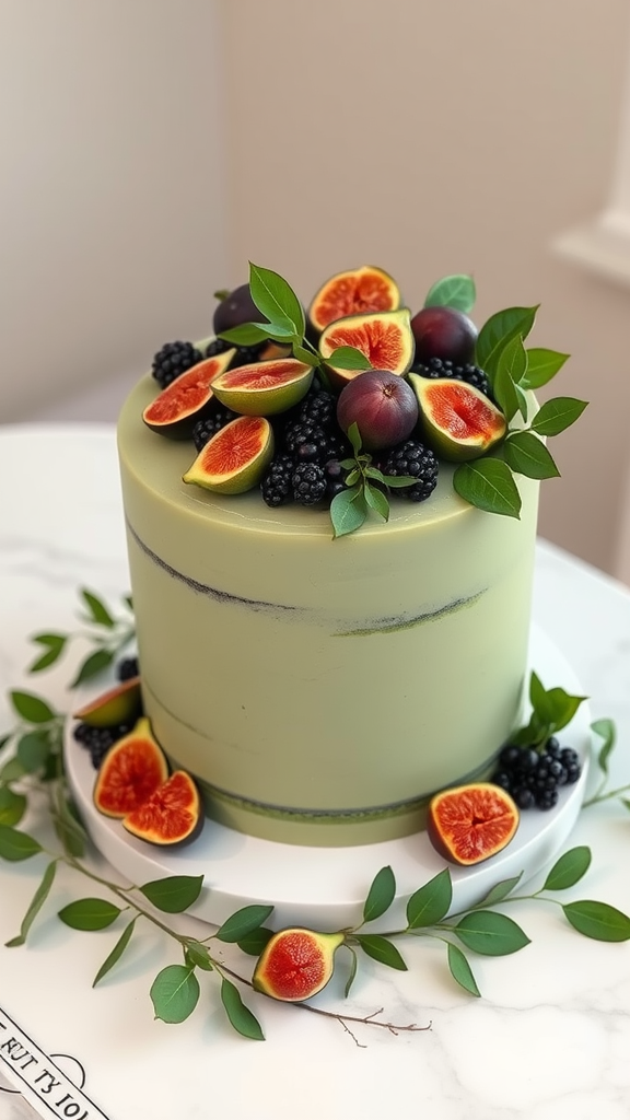 A sage green wedding cake topped with figs, blackberries, and citrus slices.
