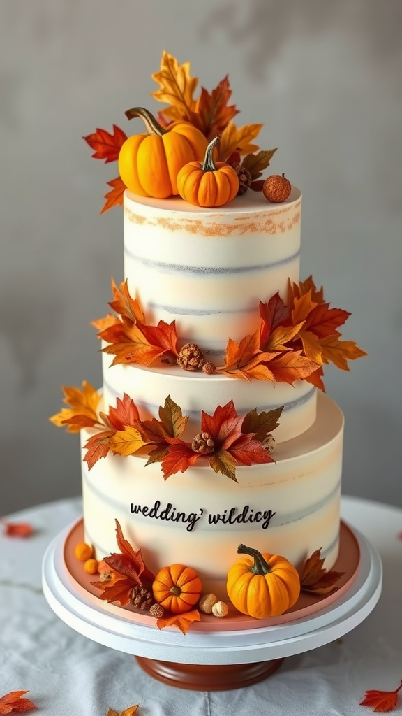 A two-tier wedding cake decorated with pumpkins and autumn leaves, showcasing seasonal harvest flavors.
