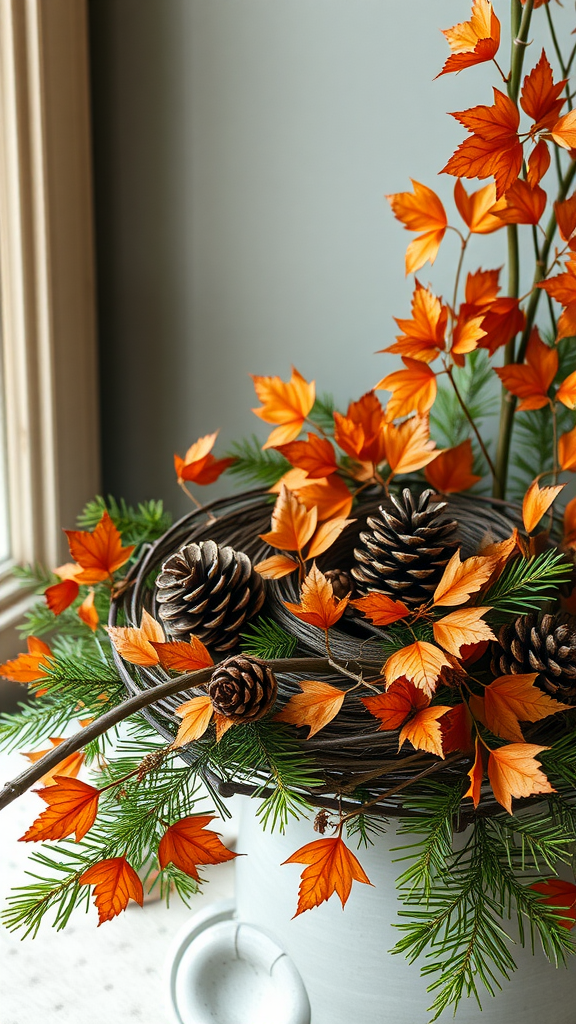 25 Creative Nesting Party Ideas for a Cozy Gathering A decorative arrangement featuring orange leaves and pine cones in a gray pot.