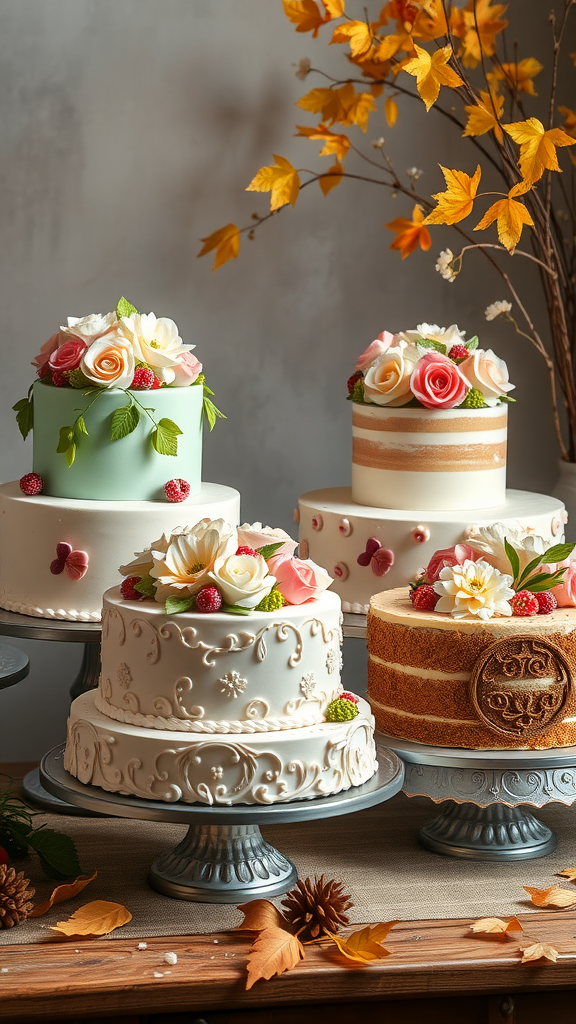 A display of beautifully decorated Rococo cakes with floral designs, set against a backdrop of autumn leaves.