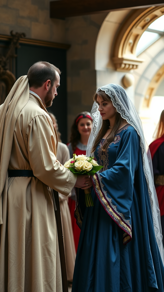 A couple in medieval attire at a wedding ceremony, with the bride in a blue medieval wedding dress.