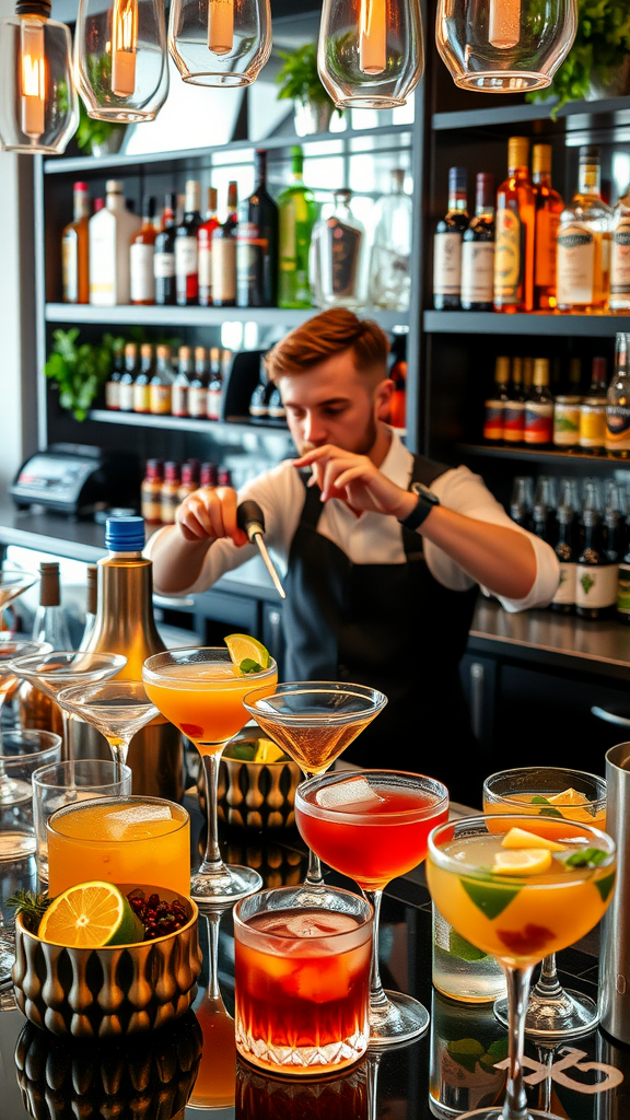 A bartender preparing drinks at a cocktail station with various colorful cocktails displayed