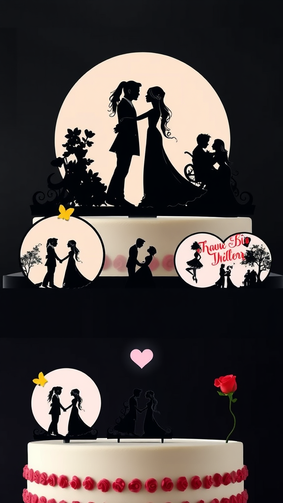 Silhouette cake toppers featuring couples and romantic themes.