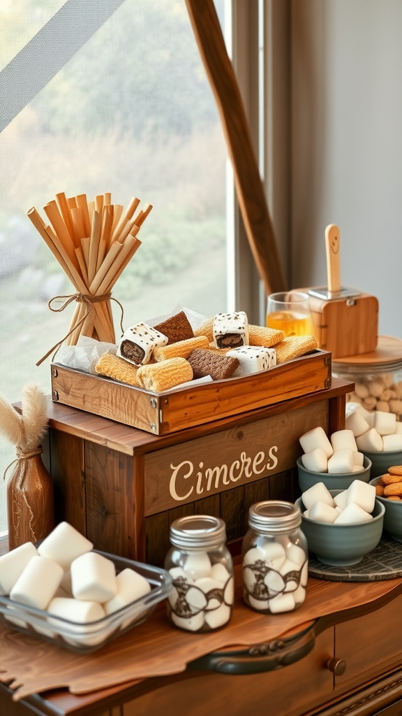 25 Rustic Cowboy Wedding Ideas to Tie the Knot with Style A cozy s'mores bar setup with graham crackers, chocolate, marshmallows, and wooden sticks, perfect for a cowboy wedding.