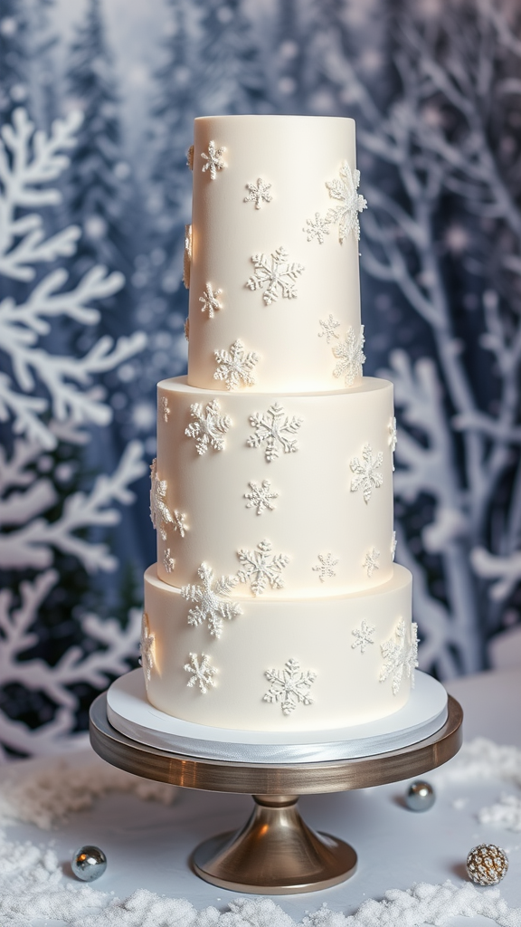 A tall white cake decorated with snowflakes, perfect for a winter wedding.