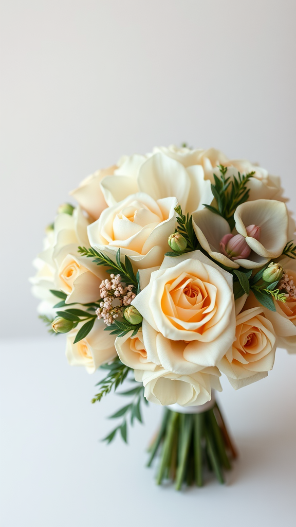 A bouquet featuring cream and beige roses with greenery