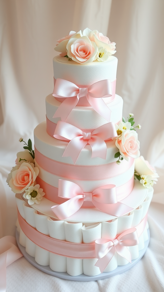 A beautifully arranged soft pastel diaper cake decorated with ribbons and flowers.
