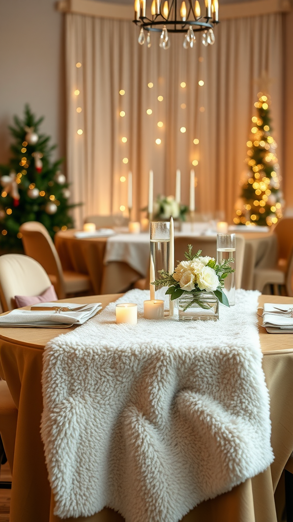 A cozy table setting with a plush white blanket as a table runner, candles, and floral decor.