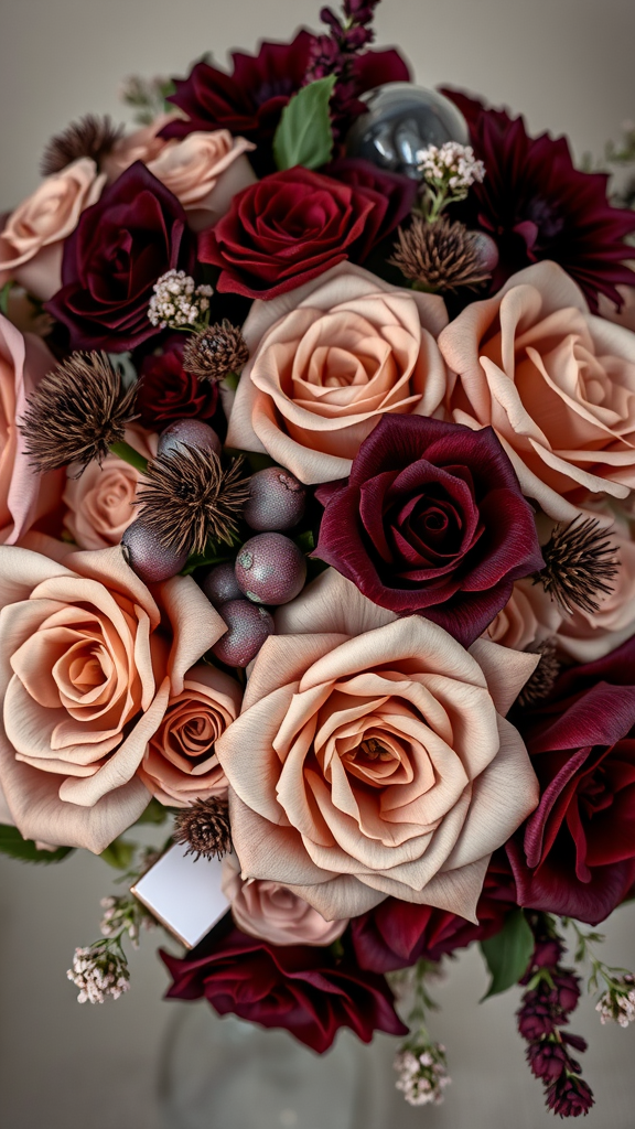 A bouquet featuring taupe and burgundy roses, along with various floral accents.