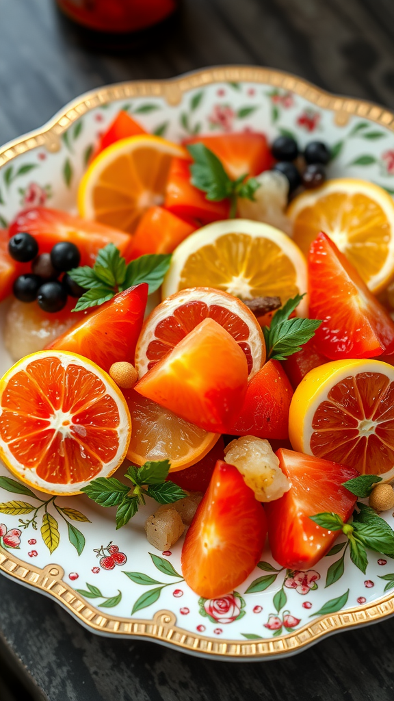 A vibrant Sparkling Citrus Salad featuring slices of oranges, grapefruits, and blood oranges topped with blueberries and fresh mint. New Year’s Day Recipes