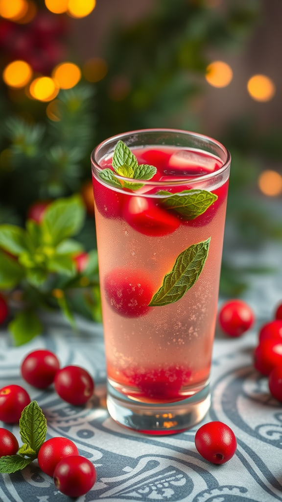 A refreshing glass of sparkling cranberry punch with mint leaves and cranberries
