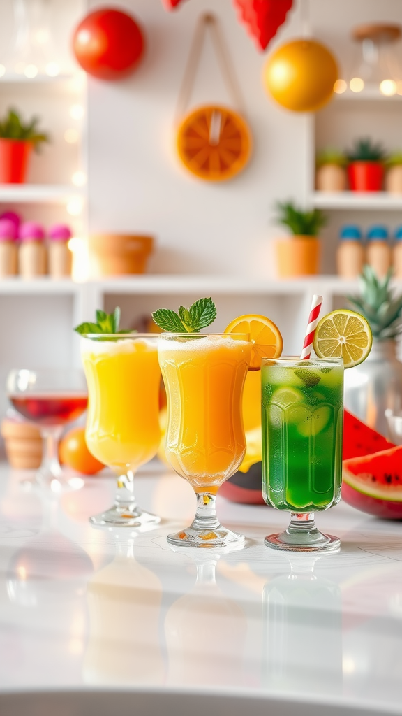 Colorful drinks in a Sparkling Juice Bar setting, with bright decor in the background. new year’s eve kid party ideas
