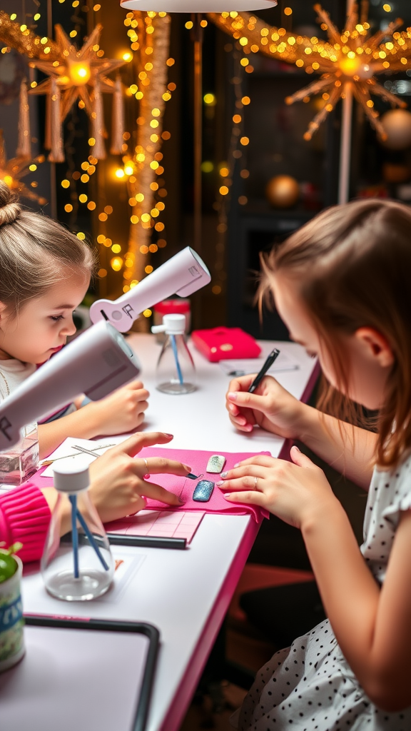 Children engaged in a nail art activity with sparkling decorations around them