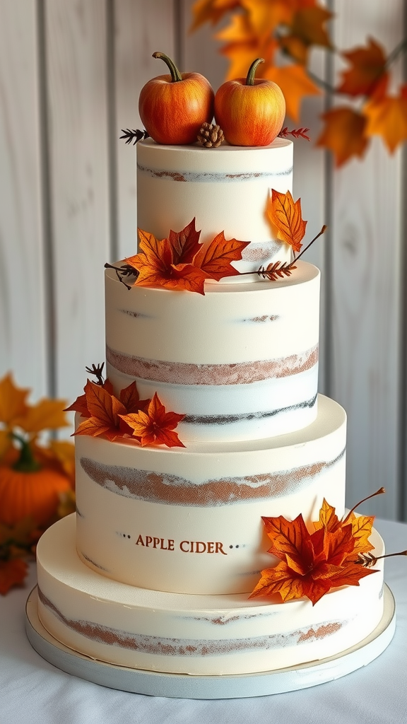 Three-tier spiced apple cider cake decorated with pumpkins and autumn leaves.