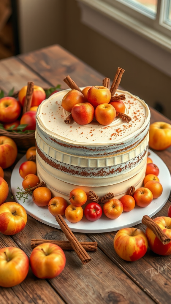 A beautifully decorated spiced apple wedding cake topped with fresh apples and cinnamon sticks, surrounded by additional apples on a rustic wooden table.