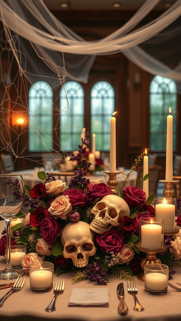 A wedding table centerpiece featuring skulls, flowers, candles, and cobwebs, creating a spooky atmosphere.