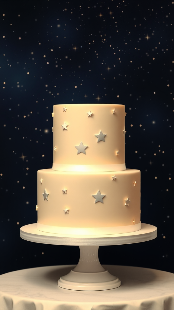 Two-tier wedding cake with silver stars, set against a starry night sky background.