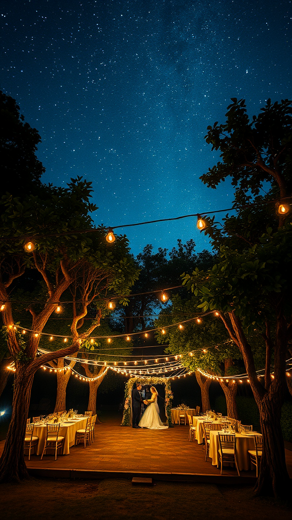 25 Rustic Cowboy Wedding Ideas to Tie the Knot with Style A couple dancing under a starry night sky at a wedding reception, surrounded by glowing lights and elegantly set tables.