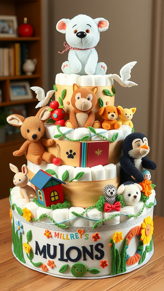 A whimsical storybook-themed diaper cake adorned with stuffed animals and colorful decorations.