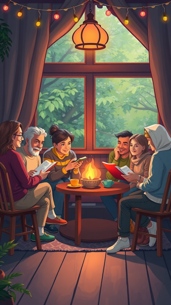 25 Must-Have Items for the Perfect Nesting Party A group of six people reading books by a warm fire in a cozy room, surrounded by plants and a window with greenery outside. Nesting Party