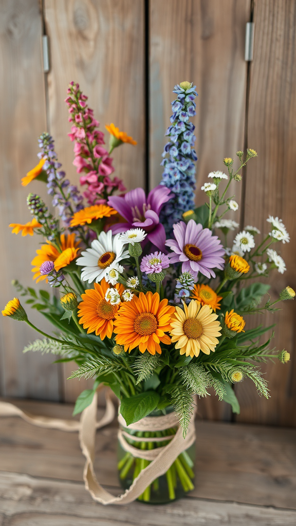 A vibrant floral arrangement in a mason jar featuring daisies, delphiniums, and irises, showcasing bright colors against a wooden background.
