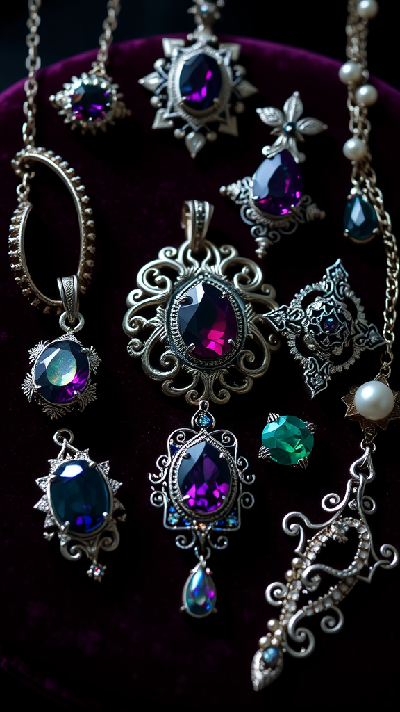 An assortment of gothic jewelry featuring intricate designs with purple and green gemstones.