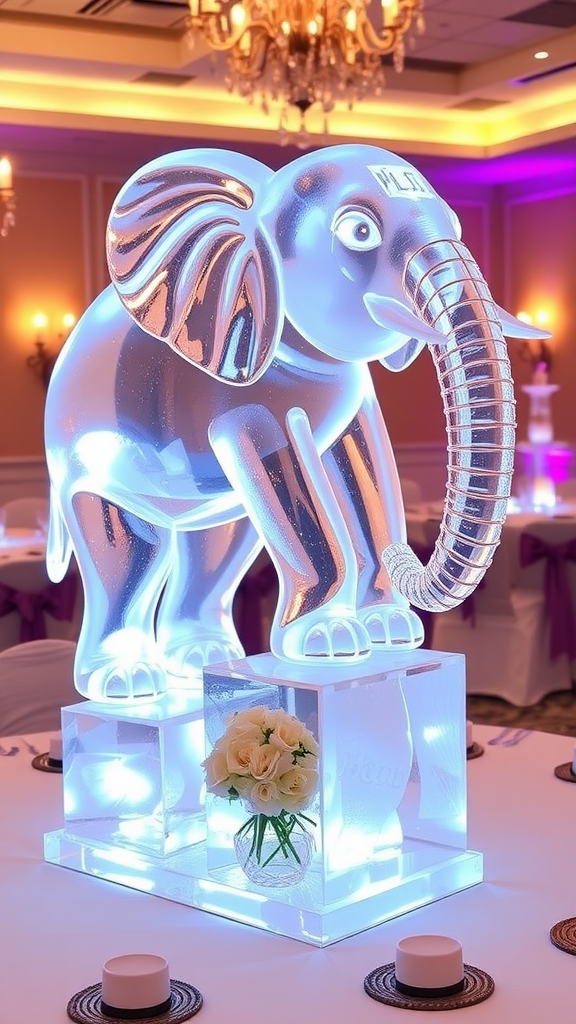 A stunning ice sculpture featuring a unique design, displayed as a centerpiece on a table, surrounded by candles.