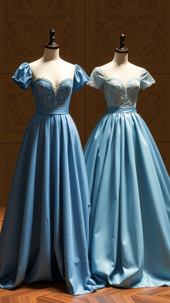 Two blue medieval wedding dresses showcasing A-line and ball gown styles