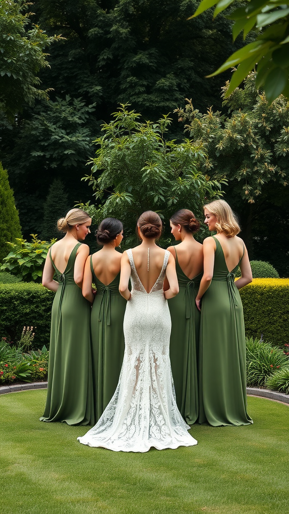 A group of bridesmaids in olive green dresses standing behind a bride in a white lace gown, surrounded by lush greenery.
