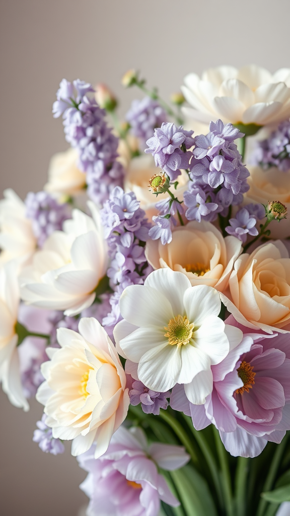 A bouquet featuring soft lavender and cream flowers, showcasing a mix of textures and colors.