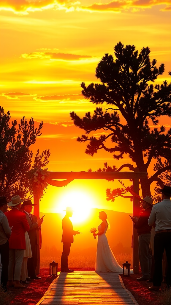 Couple exchanging vows during a sunset ceremony with a cowboy wedding theme.