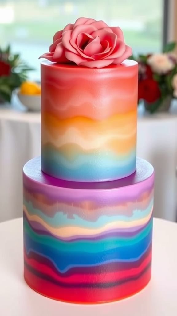 A two-tier wedding cake with vibrant sunset gradient colors topped with a pink rose.