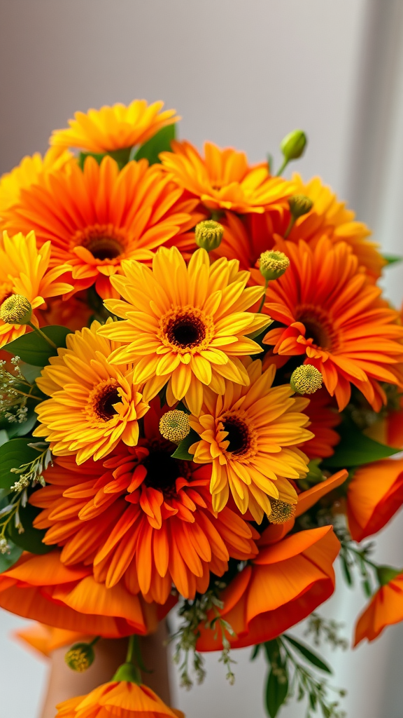 A bouquet featuring bright orange and yellow gerbera daisies with green foliage.
