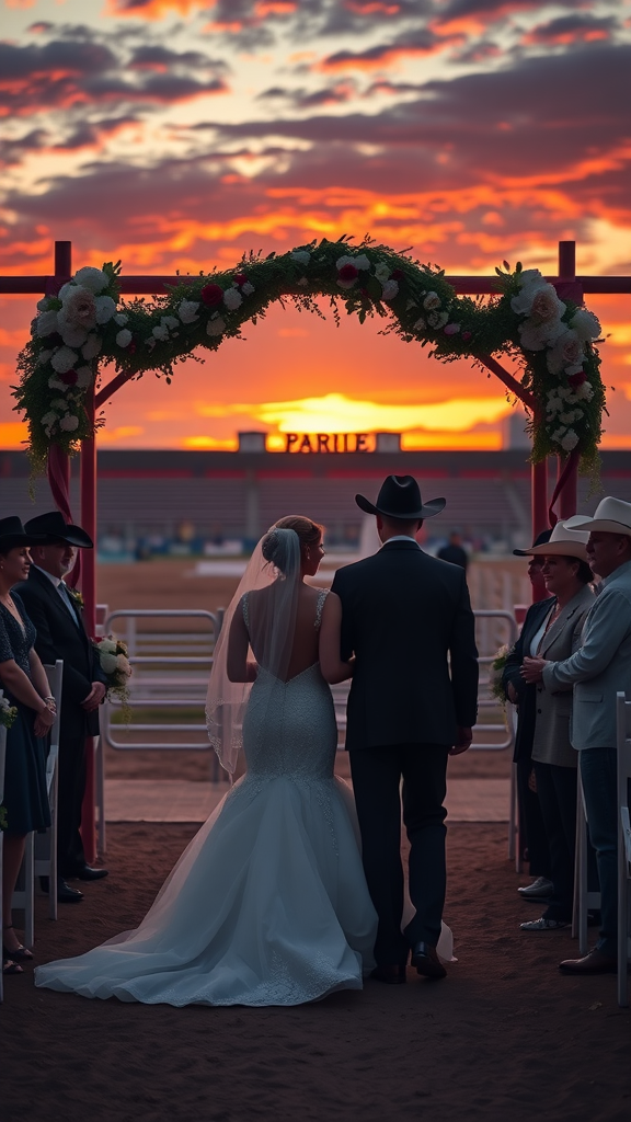 A couple stands under a floral arch during their wedding ceremony at sunset, with guests in cowboy attire watching.