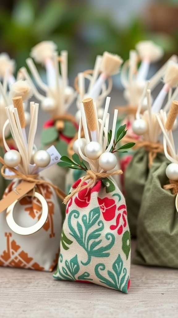Colorful fabric pouches tied with twine, filled with eco-friendly party favors.