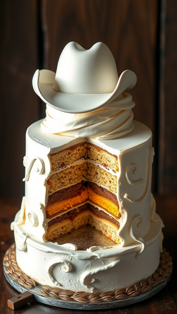 A cowboy-themed wedding cake with a white cowboy hat on top and colorful layers revealed inside.