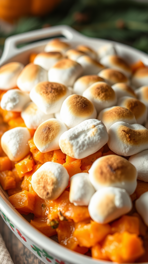 Sweet Potato Casserole topped with toasted marshmallows. New Year’s Day Recipes