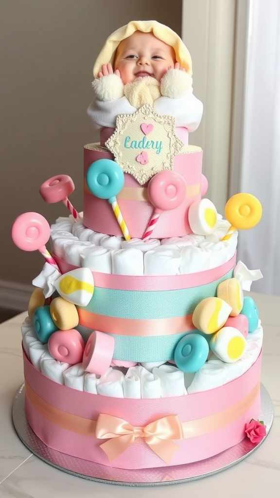 A colorful diaper cake with a smiling baby on top, surrounded by candy decorations and ribbons.