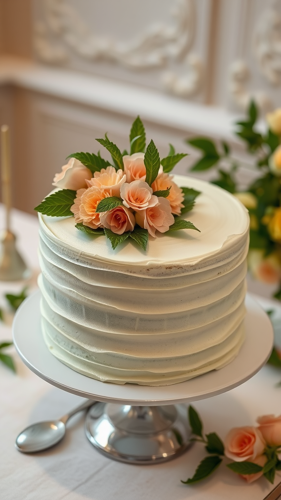 A beautifully decorated sage green wedding cake topped with pink flowers and leaves.