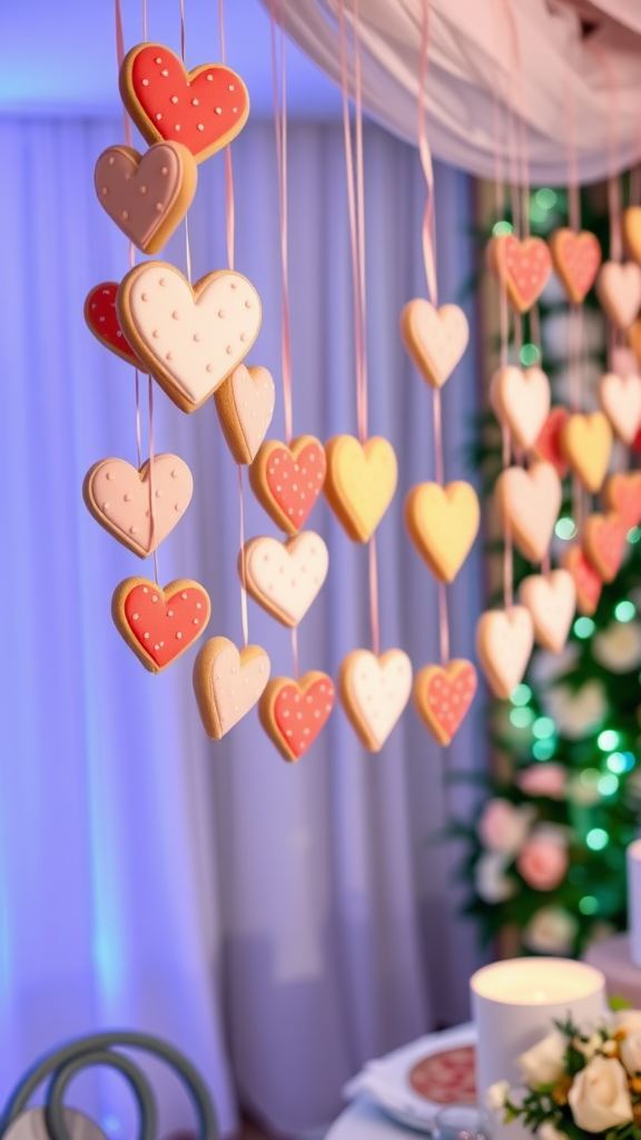 15 Adorable Valentine Baby Shower Sugar Cookies A garland of heart-shaped cookies in pastel colors hanging in a decorated space. Valentine Baby Shower Sugar Cookies