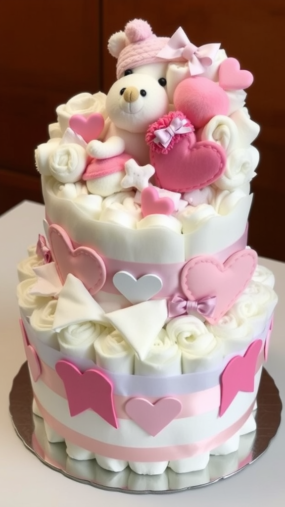 A beautifully crafted diaper cake decorated with pink and white colors, featuring a teddy bear and heart-shaped embellishments.