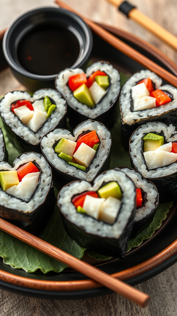 Heart-shaped sushi rolls filled with vegetables on a plate with chopsticks and dipping sauce
