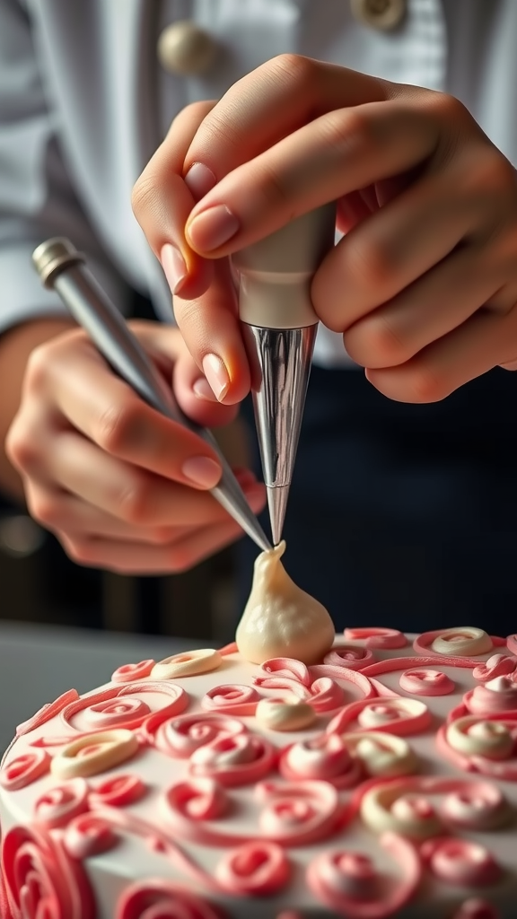 A baker piping intricate designs onto a Rococo cake.